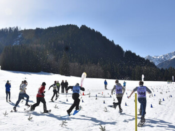 Läufer*innen starten mit Schneeschuhen über markierte Strecke im Sonnenschein