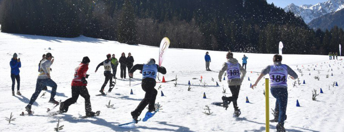 Läufer*innen starten mit Schneeschuhen über markierte Strecke im Sonnenschein
